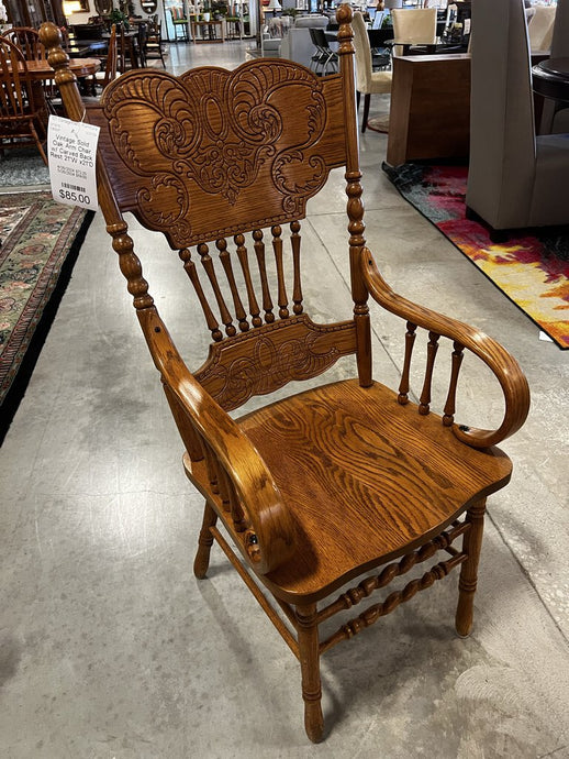 Vintage Solid Oak Arm Chair w/ Carved Back Rest