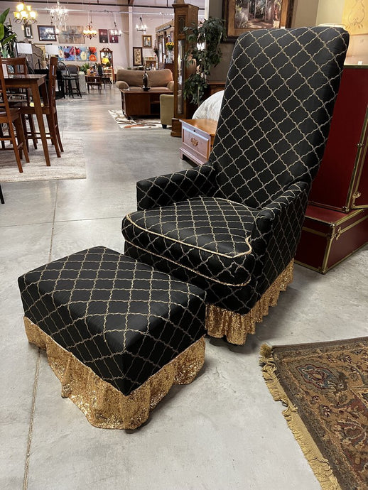 Black & Gold Fringe High back Chair w/Ottoman