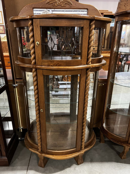 Antique Oak Glass Curved Curio Cabinet 2 Doors w/4 Shelves
