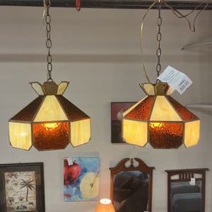 Pair of Vintage Stained Glass Pendants (Rootbeer/White)