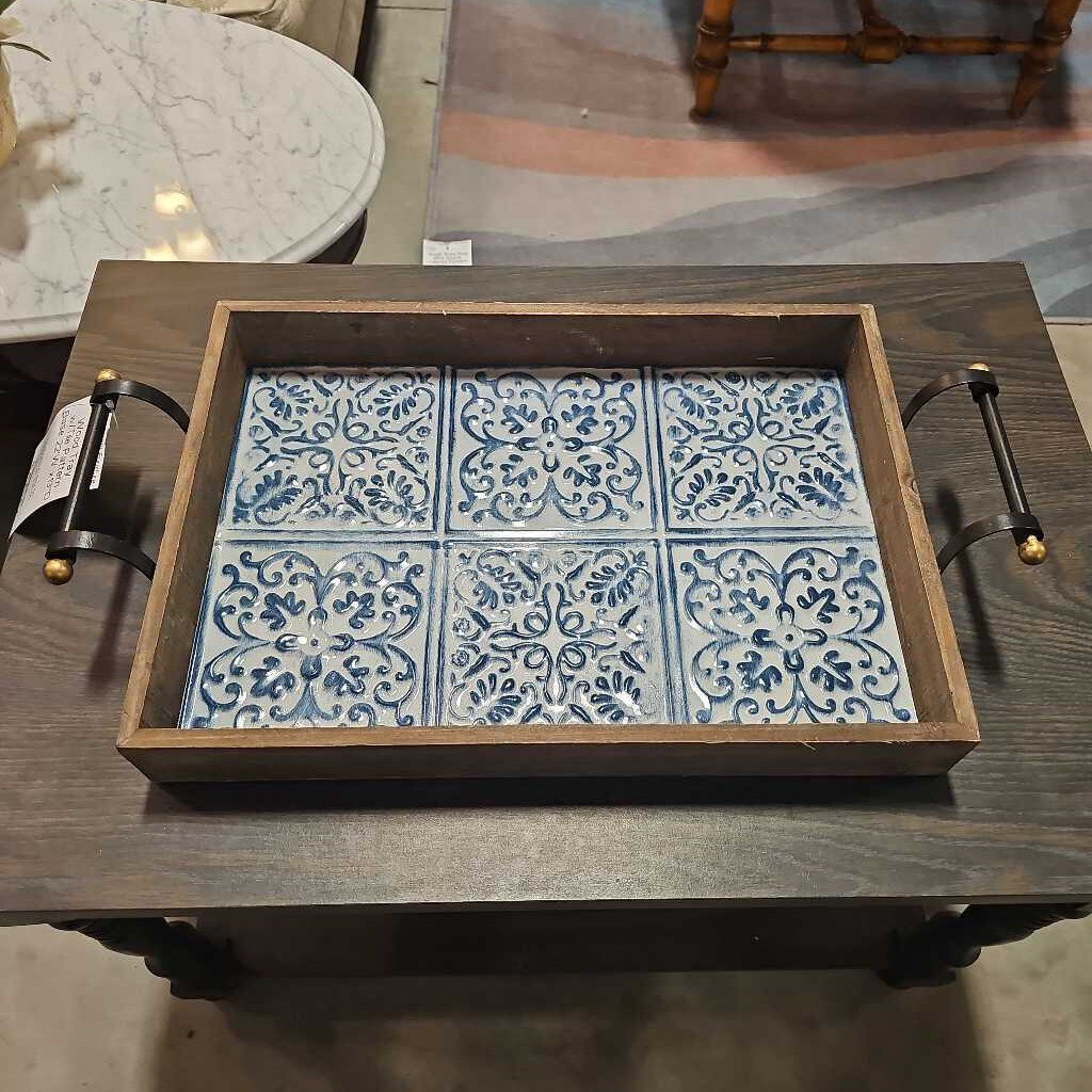 Wood Tray w/Tile Pattern Base