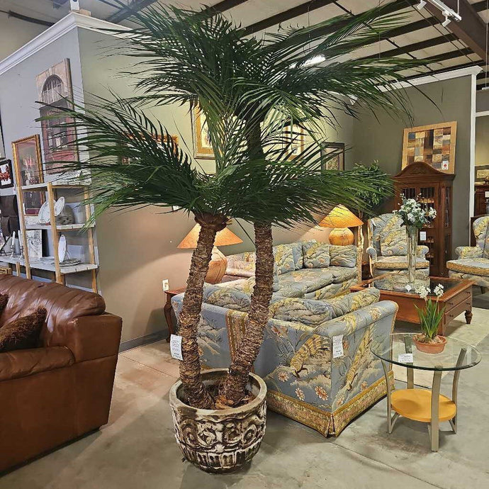 Large Faux Double Palm Tree in Stone Pot