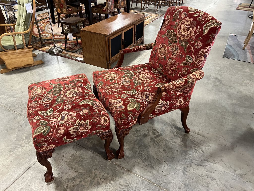 Red Floral Armchair w/Ottoman