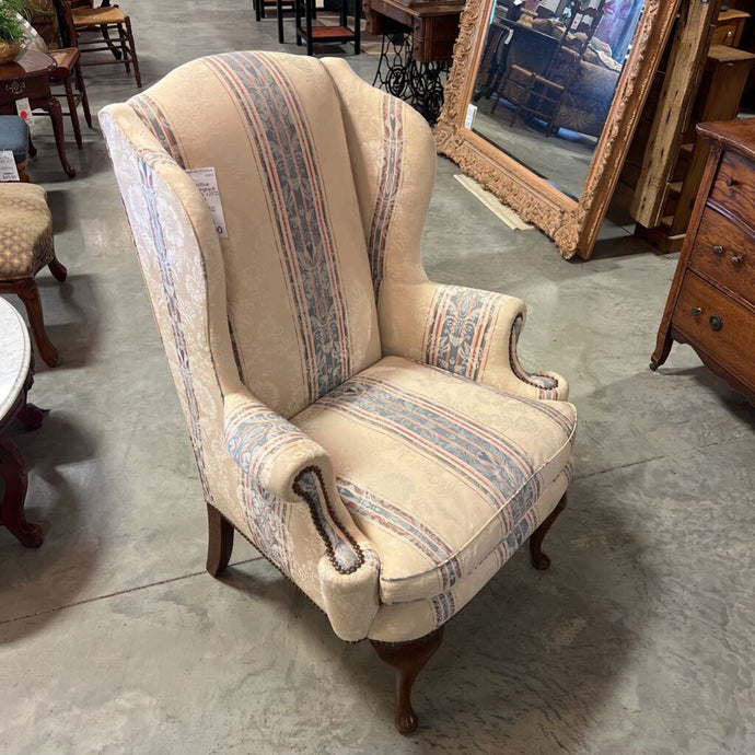 Cream/Blue Stripe Wingback Chair