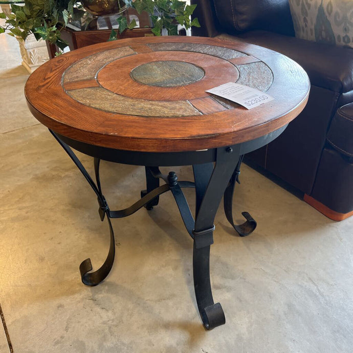 Round End Table w/Slate Inlay Perimeter