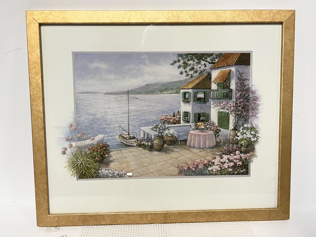 Gold Framed Seaside Villa w/Sailboat by Jose