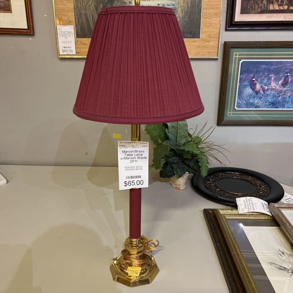 Maroon/Brass Table Lamp w/Maroon Shade