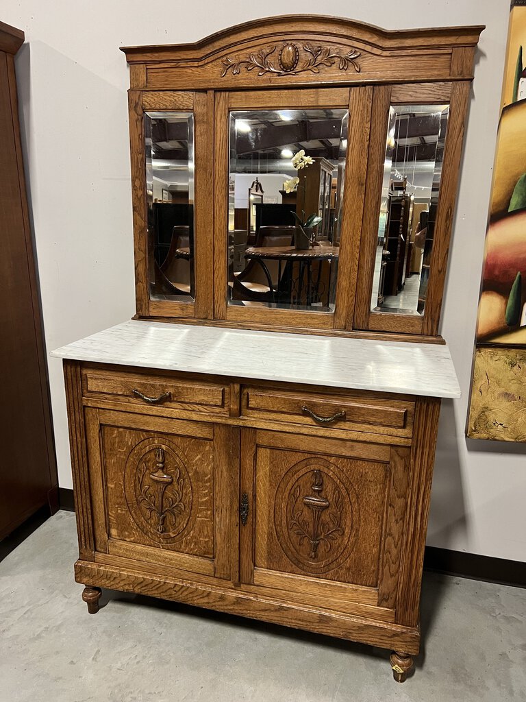 Antique Marble Top Cabinet w/2 Door/2 Drawers & Trifold Mirror