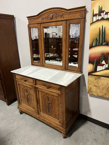 Antique Marble Top Cabinet w/2 Door/2 Drawers & Trifold Mirror