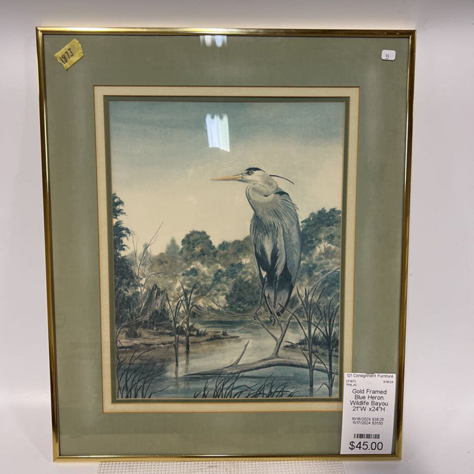 Gold Framed Blue Heron Wildlife Bayou