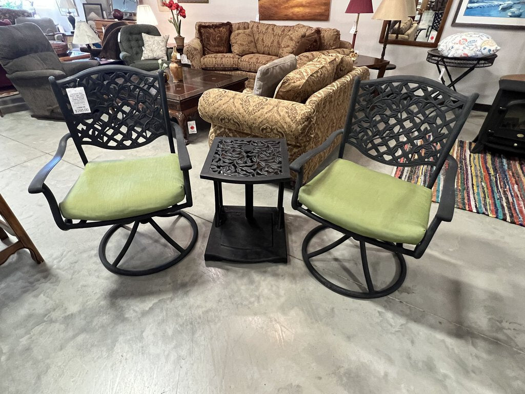 Hampton Bay Bistro Set Table w/ 2 Rocking Chairs Green Sunbrella seat Cushion