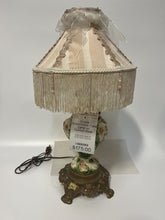 Load image into Gallery viewer, Ornate Green/White Table Lamp w/ Custom Made Pink Shade