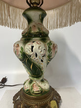 Load image into Gallery viewer, Ornate Green/White Table Lamp w/ Custom Made Pink Shade