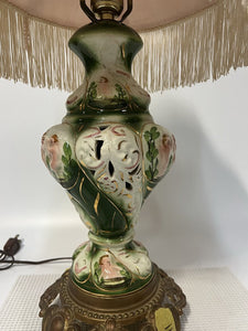 Ornate Green/White Table Lamp w/ Custom Made Pink Shade