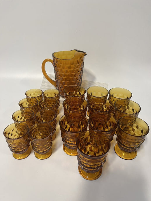 Vintage Amber Glass's and Pitcher Set of 19