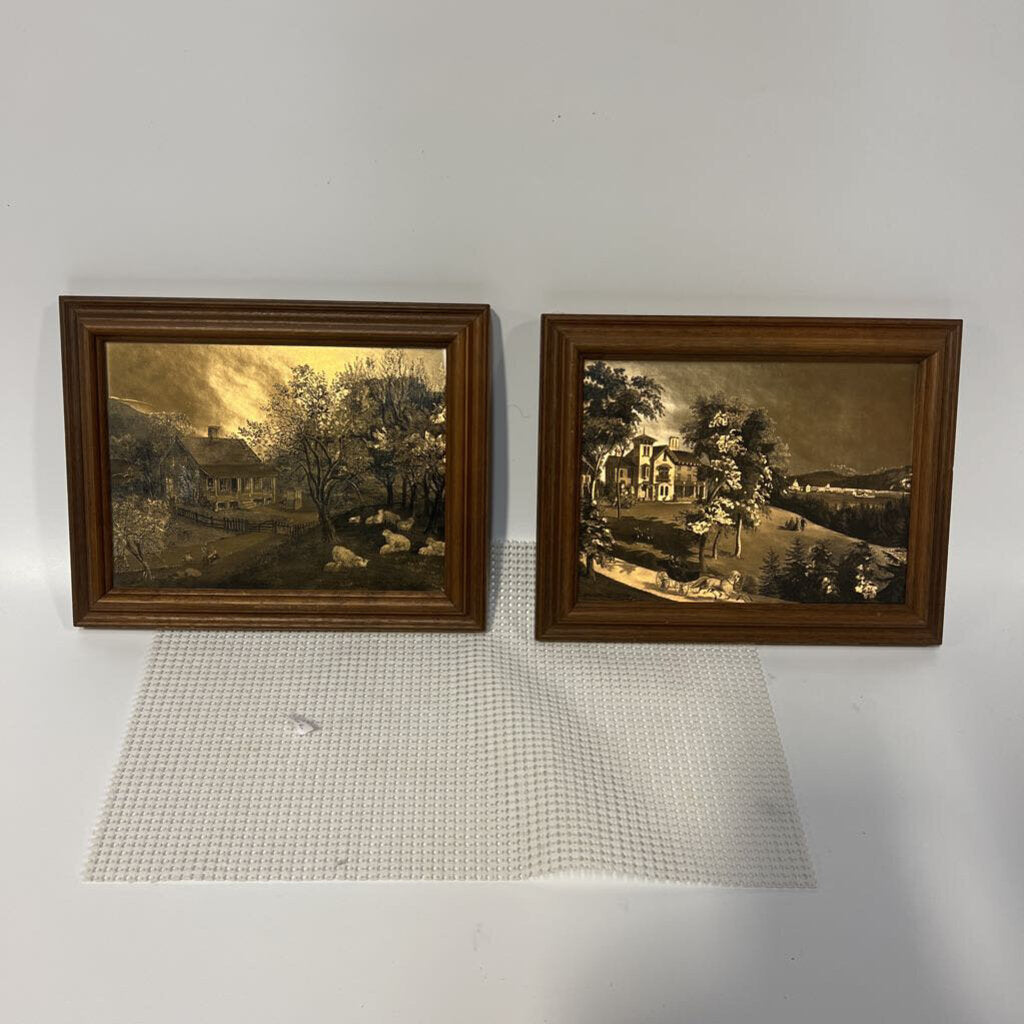 Pair of Currier & Ives Etched Gold Foil