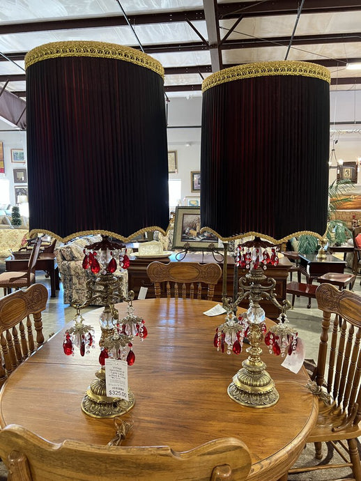 Vintage Neoclassical Table Lamp w/Red & Clear Tear Drops