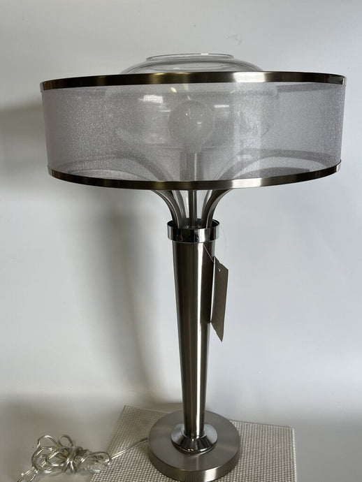 Art Deco Table Lamp Brushed Nickel Metal Double Glass Mesh Drum Shade