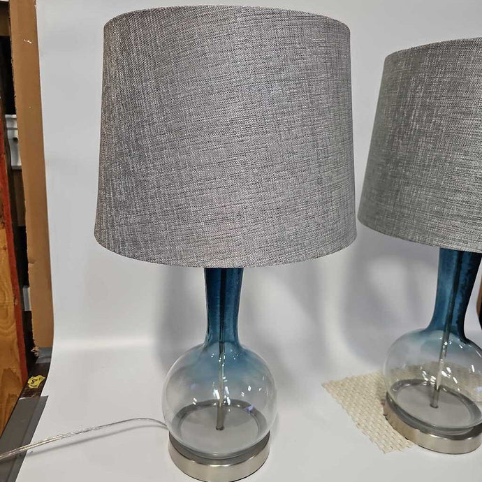 Blue/Clear Glass Table Lamp w/Grey Shade