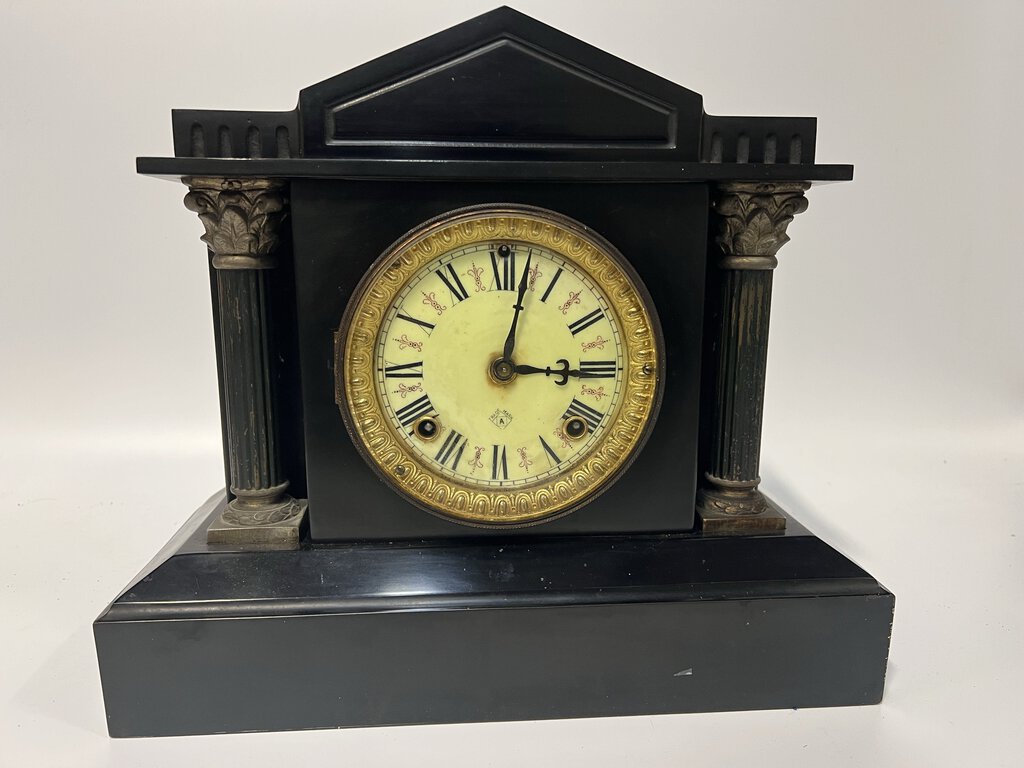 Ansonia Black Iron Mantle Clock w/Key