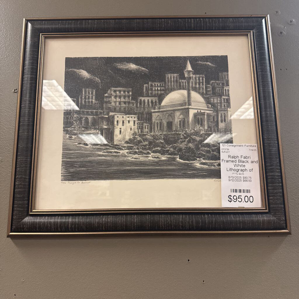 Ralph Fabri Framed Black and White Lithograph of Mosque