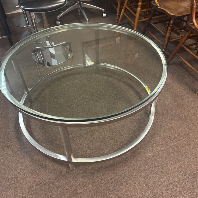 Round Silver Metal Base Table w/ Glass Top
