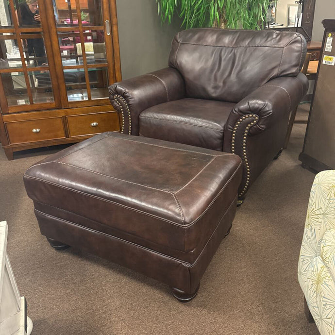 Brown Leather Arm Chair w/ Ottoman