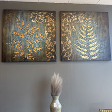Load image into Gallery viewer, Large Brown and Teal Canvas Art w/ Gold Leaves