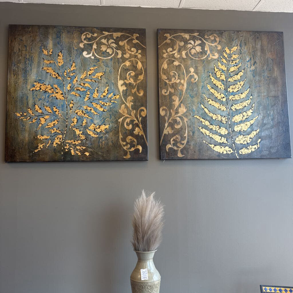 Large Brown and Teal Canvas Art w/ Gold Leaves
