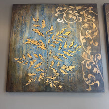 Load image into Gallery viewer, Large Brown and Teal Canvas Art w/ Gold Leaves