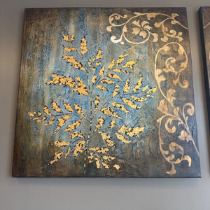 Large Brown and Teal Canvas Art w/ Gold Leaves