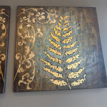 Load image into Gallery viewer, Large Brown and Teal Canvas Art w/ Gold Leaves