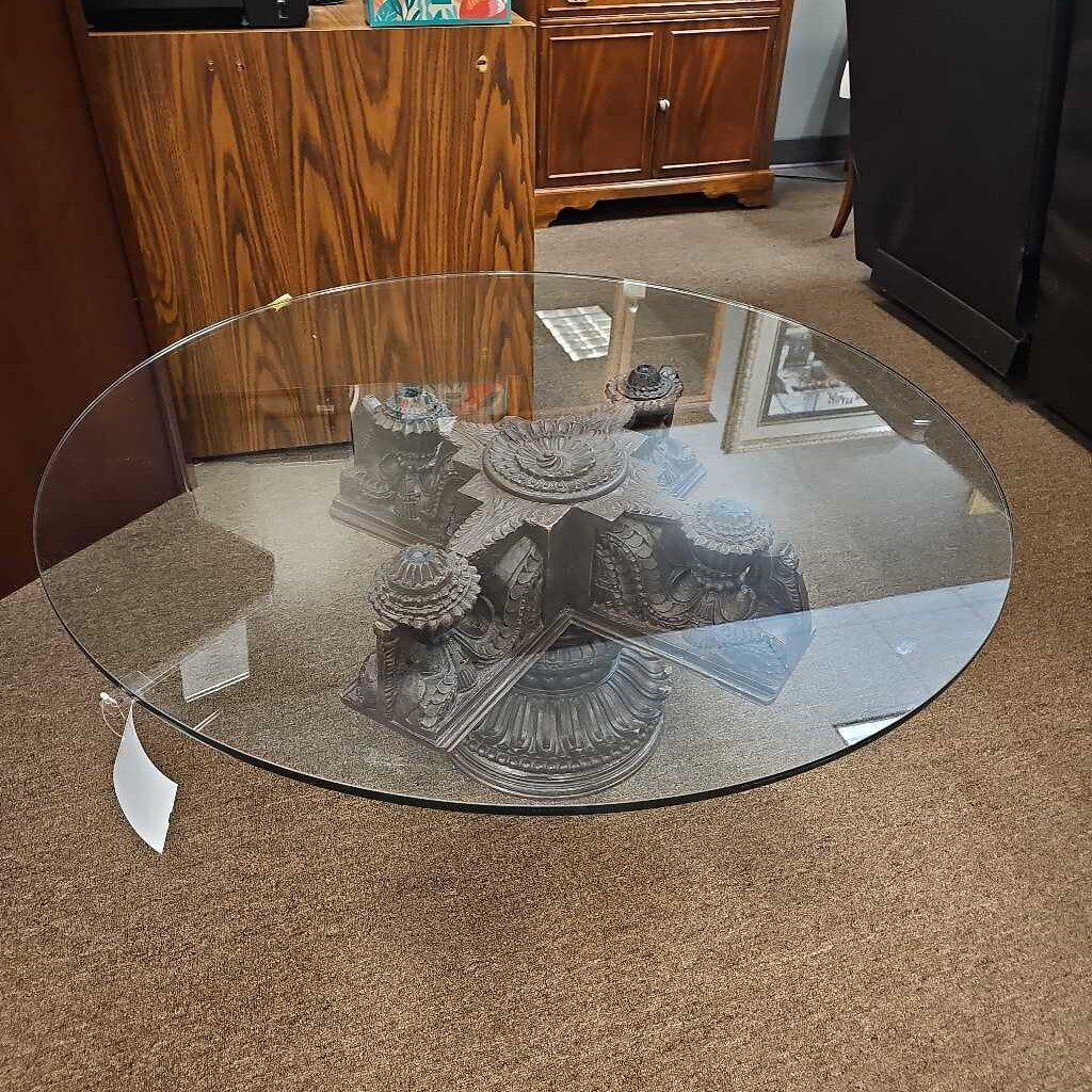 Antique Carved Wood Base w/Glass Top Coffee Table