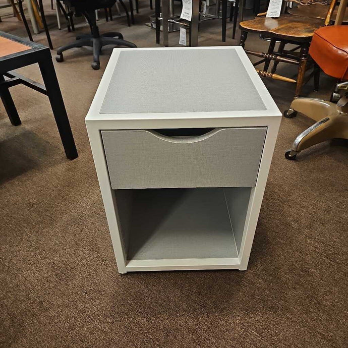 Grey Faux Linen One Drawer Nightstand on White Frame