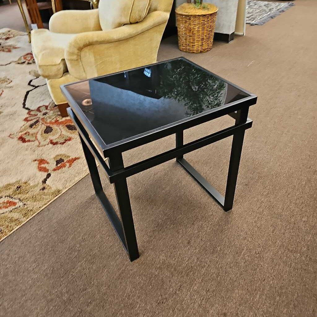 Side Table Metal Base Black Glass Top