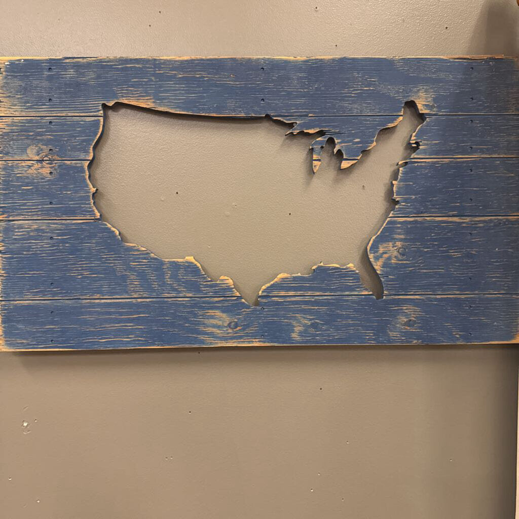 Blue Distressed Map Wood Wall Art