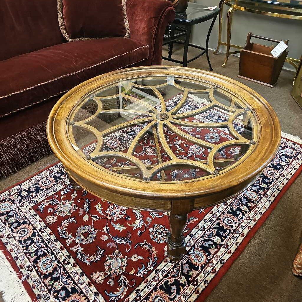 Carved Wood Glass Top Coffee Table