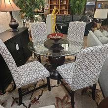 Load image into Gallery viewer, Glass Top Pedestal Table w/4 Brown/White Chairs