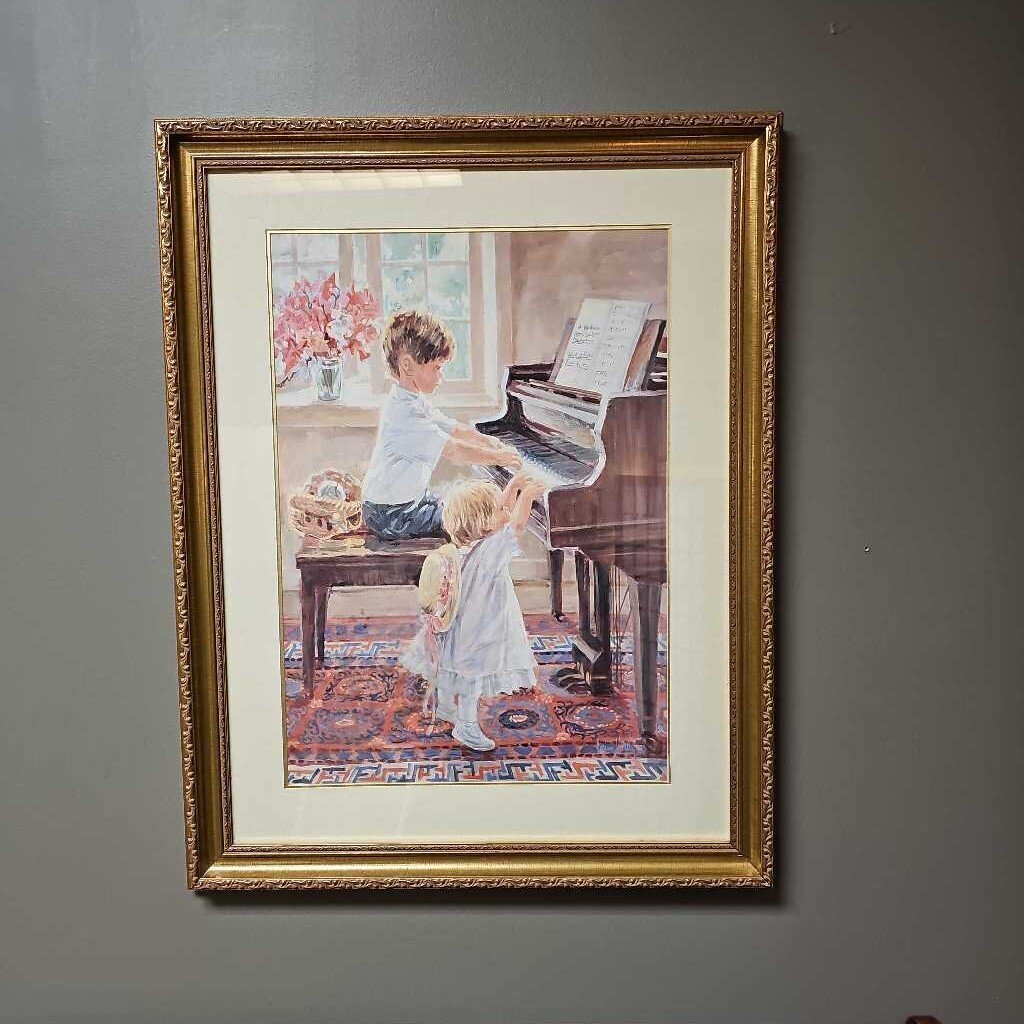 Gold Framed Picture of Children by the Piano
