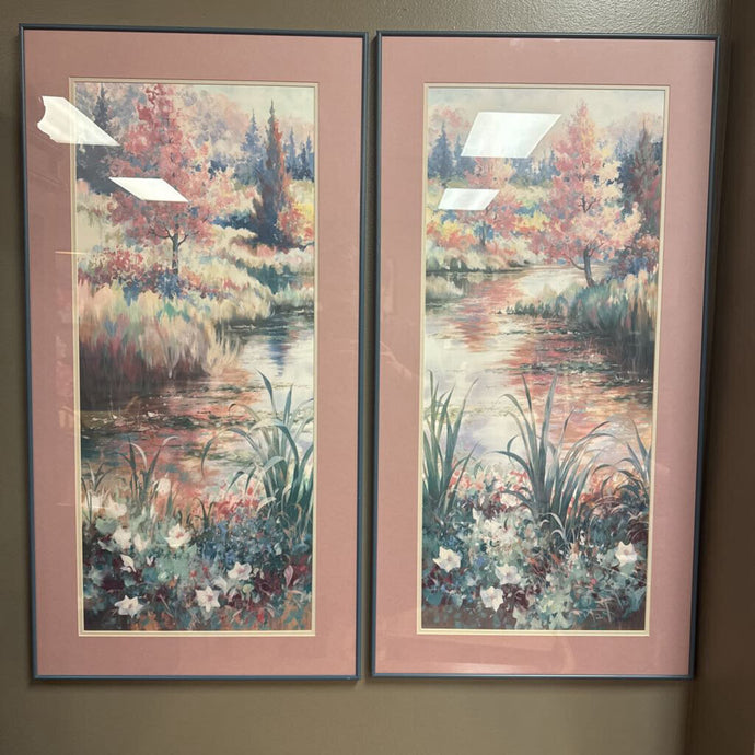 Pair of Framed Pink/Green Tree Prints