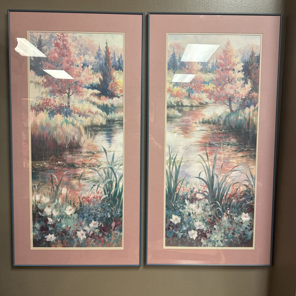 Pair of Framed Pink/Green Tree Prints