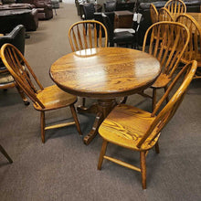 Load image into Gallery viewer, Round Oak Table w/ Leaf and 4 Slat Back Chairs