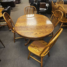 Load image into Gallery viewer, Round Oak Table w/ Leaf and 4 Slat Back Chairs