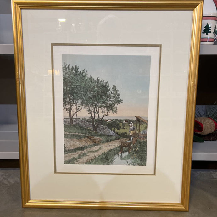 Matted Gold Frame Rural Watering Scene Print