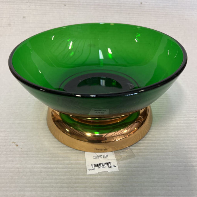 Green Glass Bowl w/Gold Pedestal